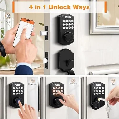Probrico Smart Keyless Entry Door Lock Deadbolt with Handle Set,Fingerprint Door Deadbolt Lock,Front Door Lock Set with Smart Keypad Deadbolt,Electronic Digital Door Lock,App, Auto Lock,Black