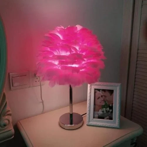 KWOKING Lighting Contemporary Feather Desk Lamp 1 Light Bedroom Table Light Dome Shade Bedside Lamp Modernist Fabric Table Light - Pink Finish